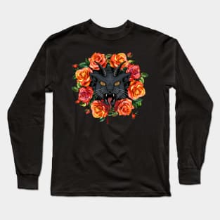 Satanic Cat with Roses Long Sleeve T-Shirt